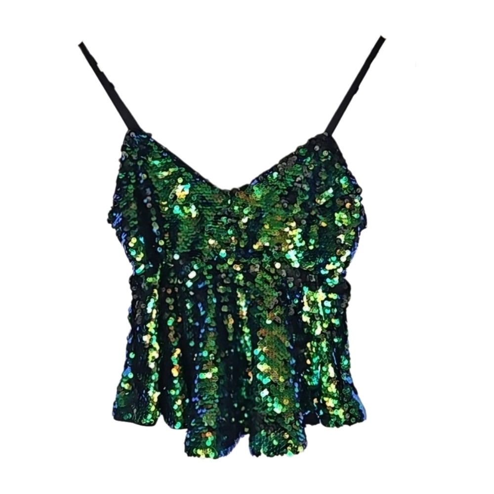 Guess Bling Sequin Peplum Cami Going Out Dopamine Top - Picture 4 of 5